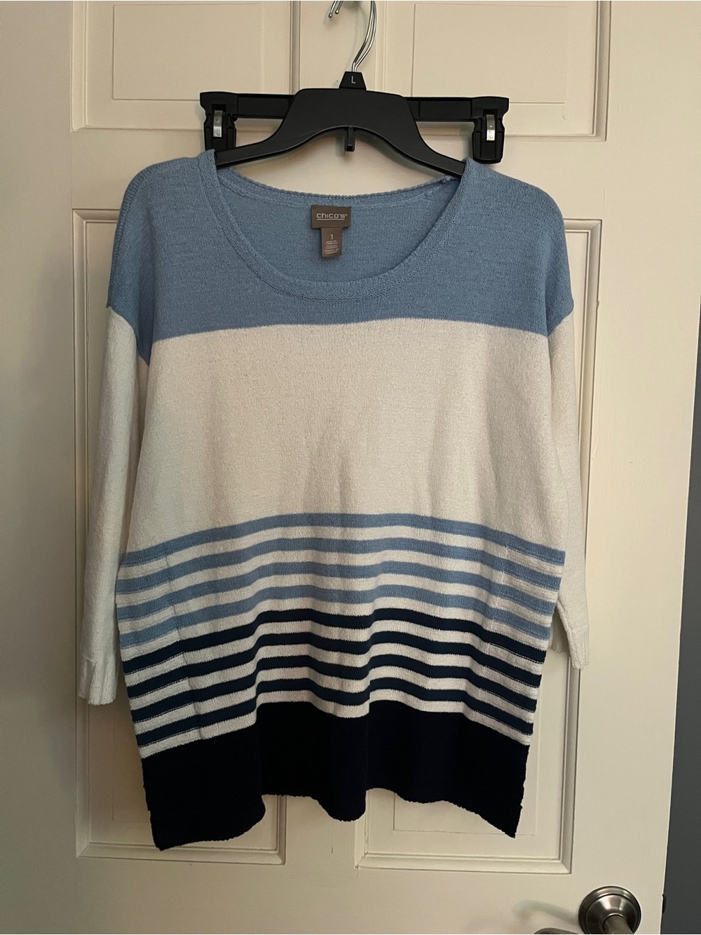 Chico's Light Blue, White & Navy Striped Crewneck Sweater